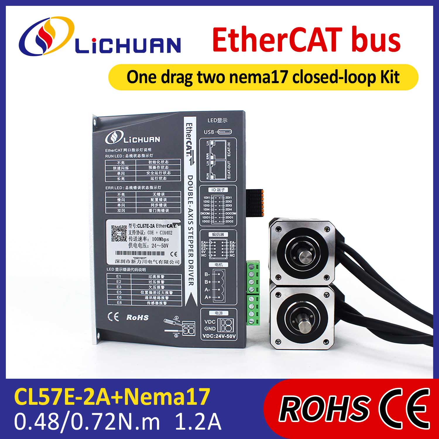 EtherCAT 2Phase Nema17 2-एक्सिस DC क्लोज्ड लूप स्टेपर मोटर ड्राइवर किट