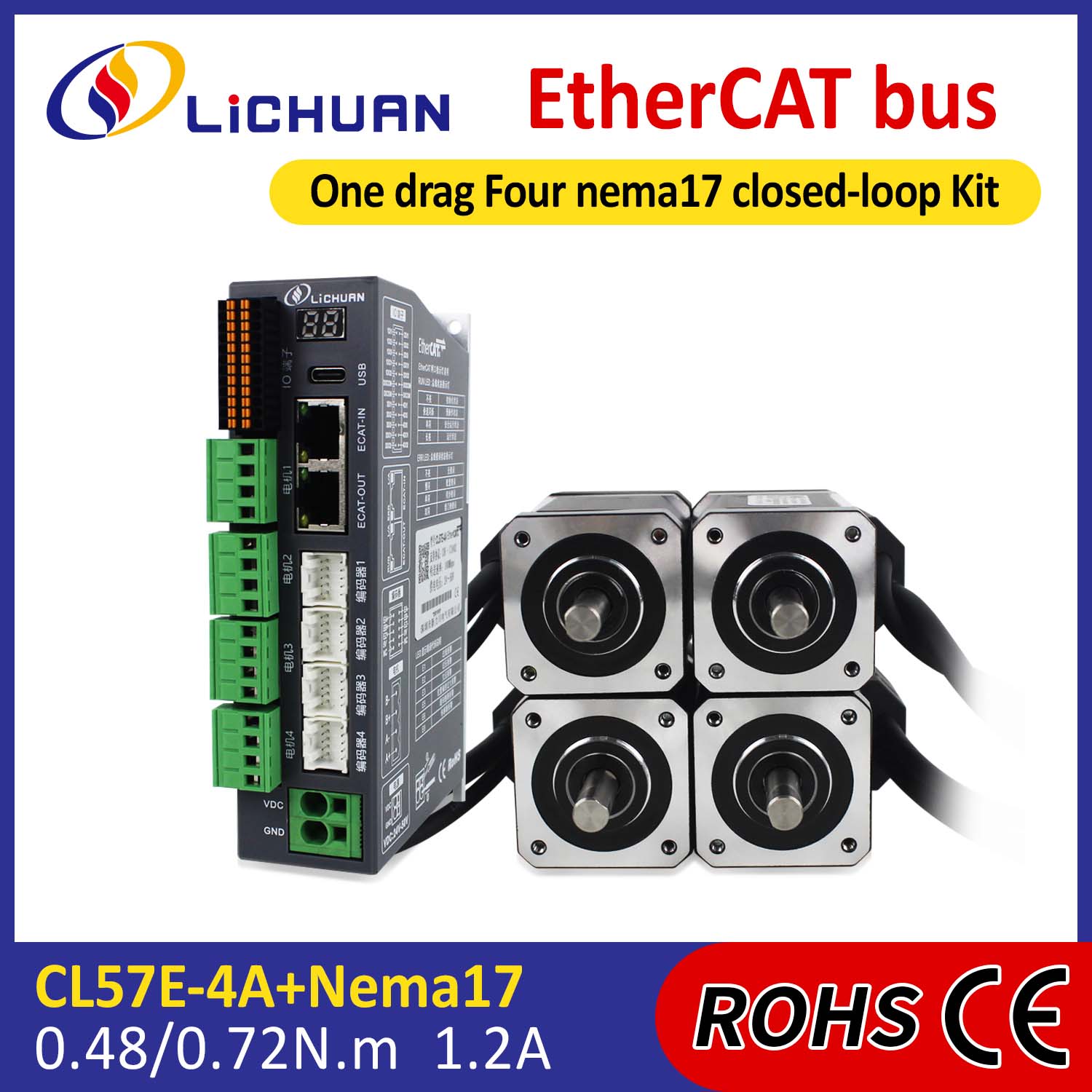 EtherCAT 2Phase Nema17 4-एक्सिस DC क्लोज्ड लूप स्टेपर मोटर ड्राइवर किट