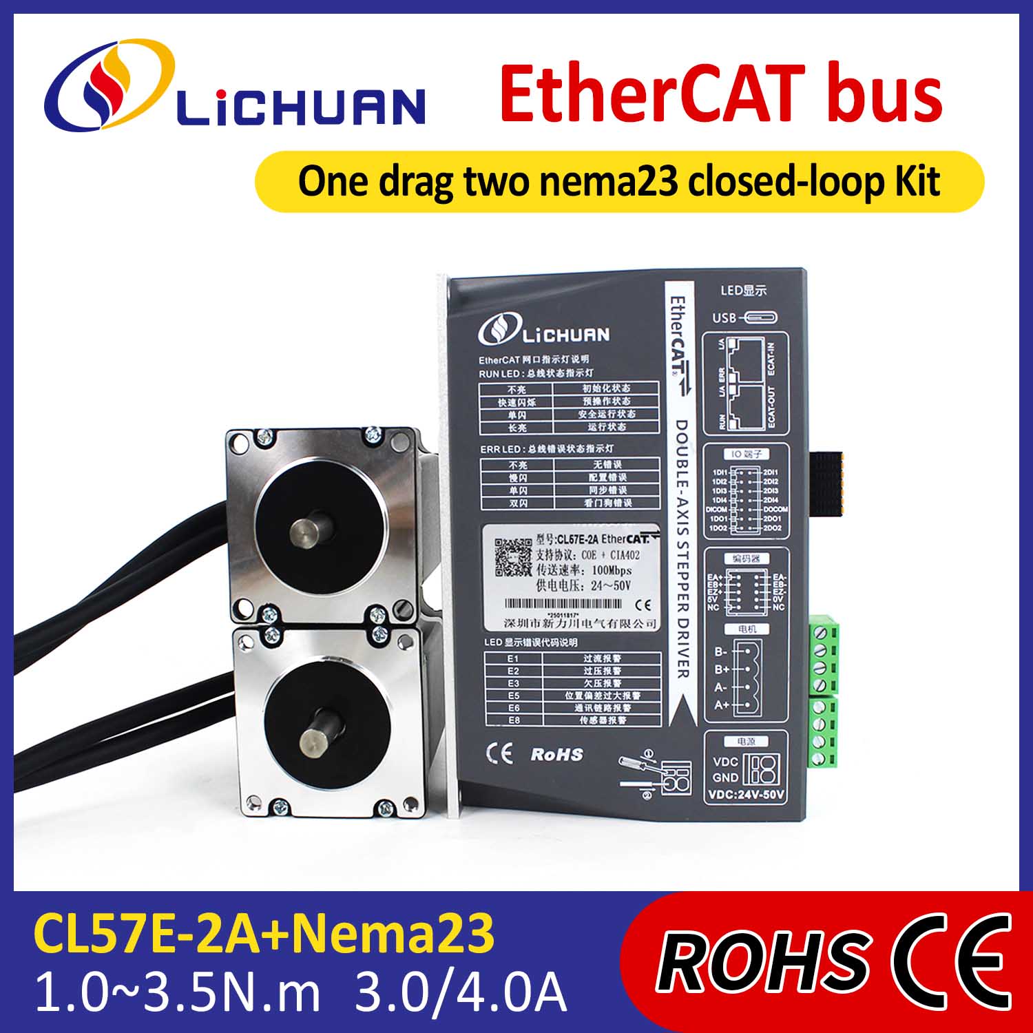 EtherCAT 2Phase Nema23 2-एक्सिस DC क्लोज्ड लूप स्टेपर मोटर ड्राइवर किट