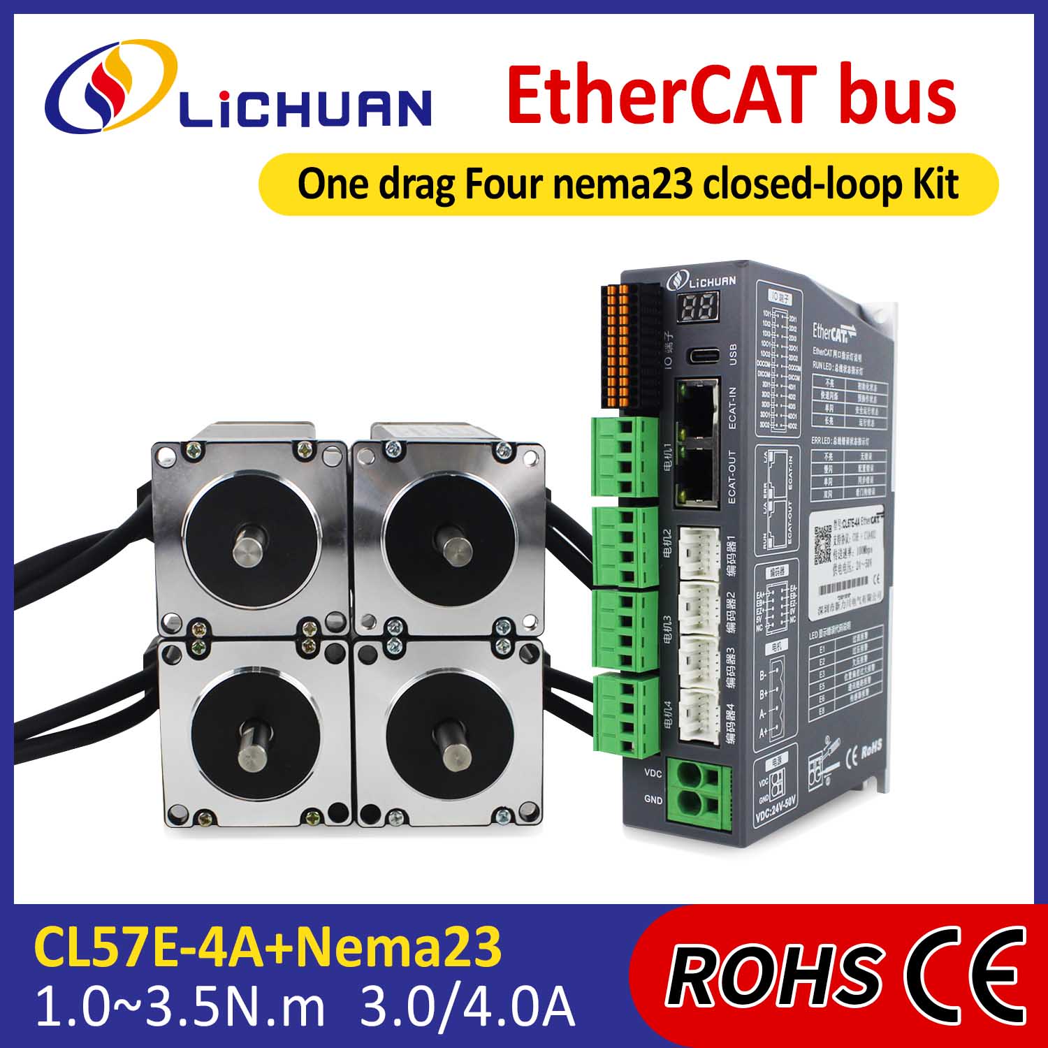 EtherCAT 2Phase Nema23 4-एक्सिस DC क्लोज्ड लूप स्टेपर मोटर ड्राइवर किट