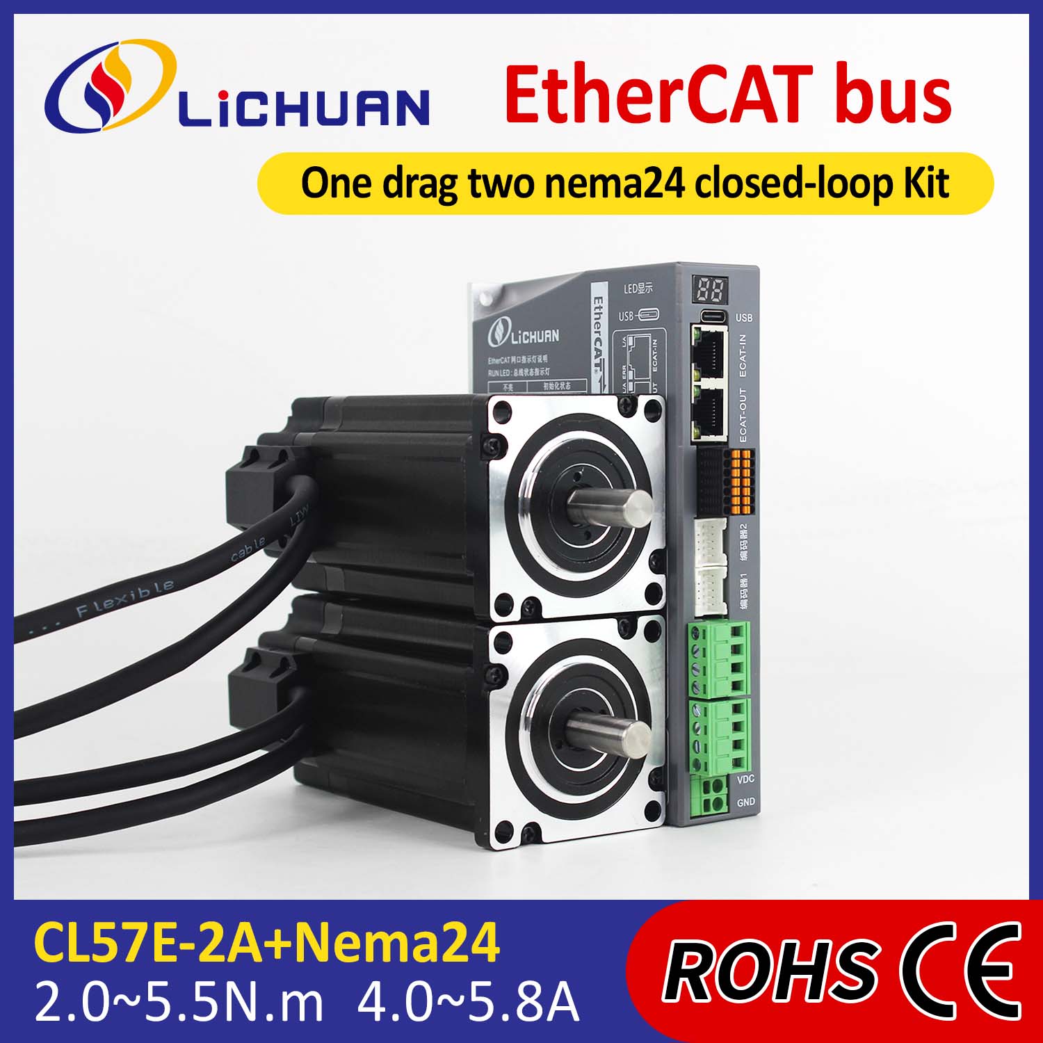 EtherCAT 2Phase Nema24 2-एक्सिस DC क्लोज्ड लूप स्टेपर मोटर ड्राइवर किट