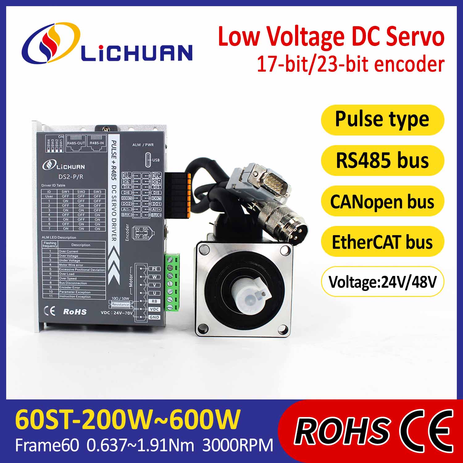 पल्स/RS485/CANopen/EtherCAT 60 फ़्लैंग्ड 200W/400W/600W लो वोल्टेज DC सर्वो मोटर ड्राइवर किट